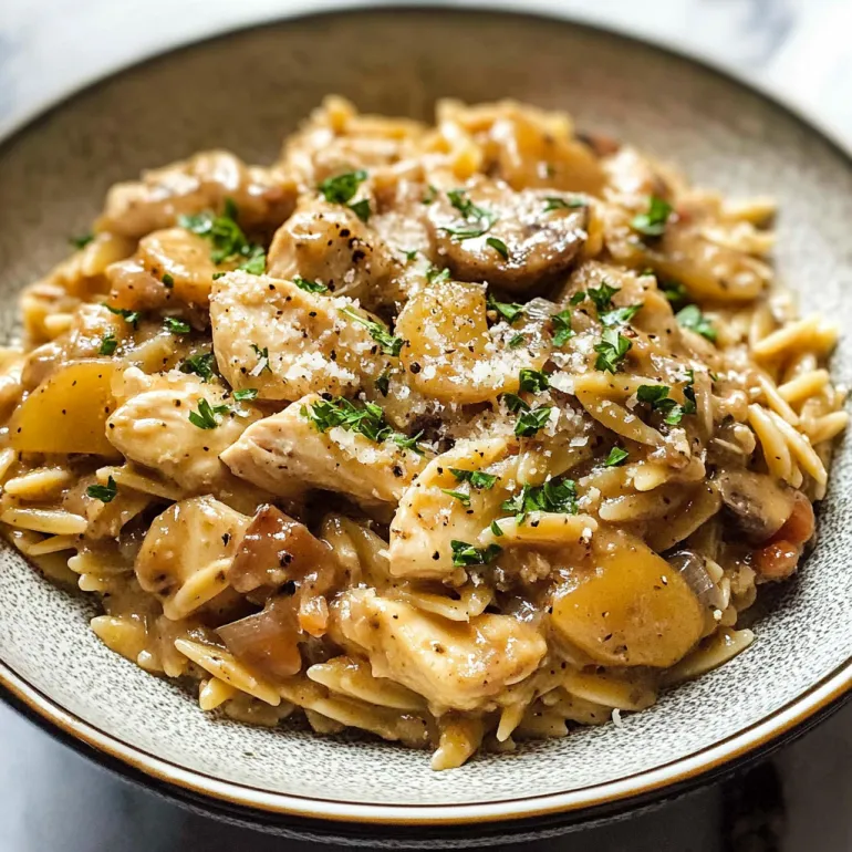 A plate of chicken Marsala Orzo.