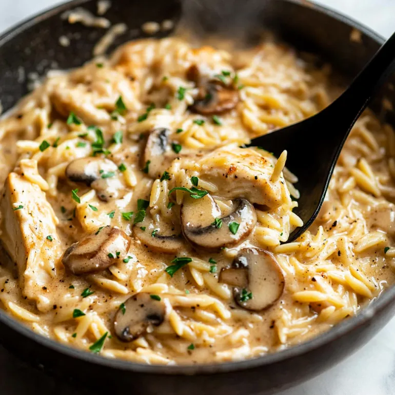 A bowl loaded with marsala orzo and chicken.