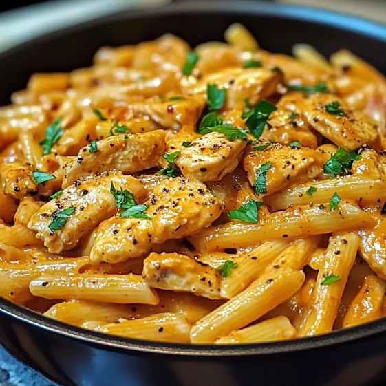 Pasta in a bowl with chicken chunks and fresh herbs.