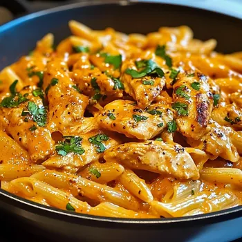 A pan loaded with chicken pasta.
