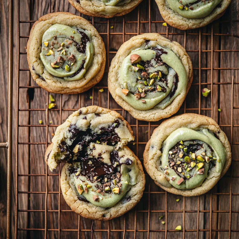 A tray stacked with chocolate chip cookies and gooey pistachio cream.