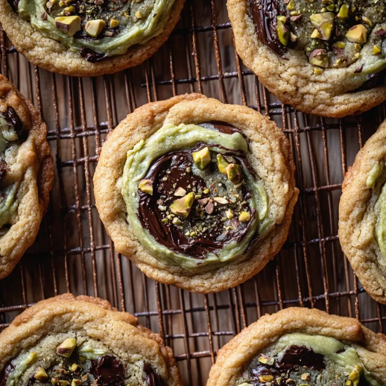A baking sheet piled with chocolate chip cookies oozing pistachio cream.