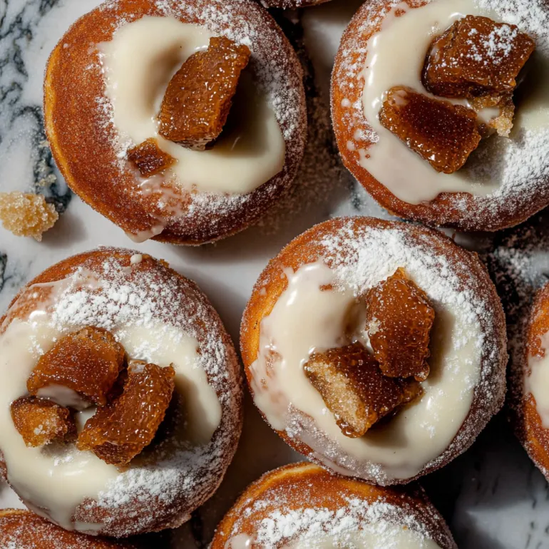 Sugar-crusted burnt honey brioche donuts stacked up.