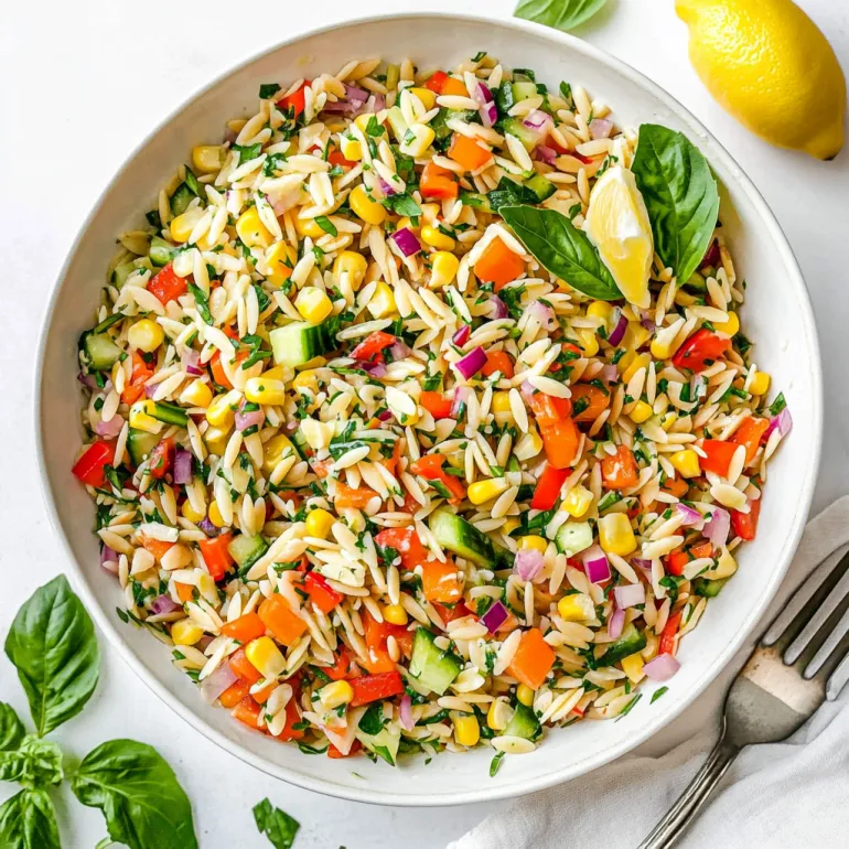 A bowl filled with veggies and orzo with lots of color.