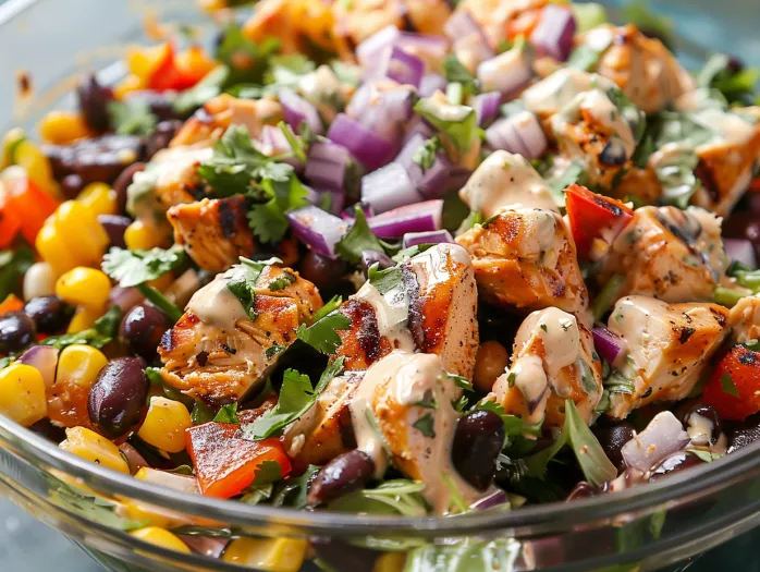 Bowl filled with colorful southwest chicken salad mix.
