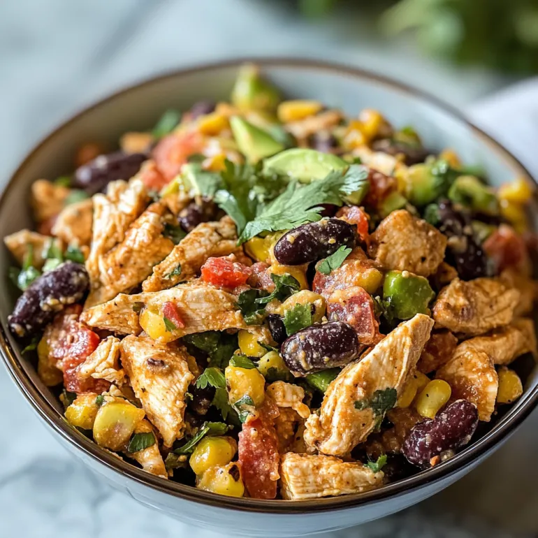 A big bowl loaded with chunky southwest chicken salad.