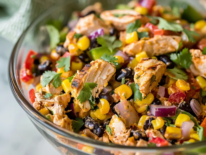 A bowl stacked with chicken salad and lots of veggies.