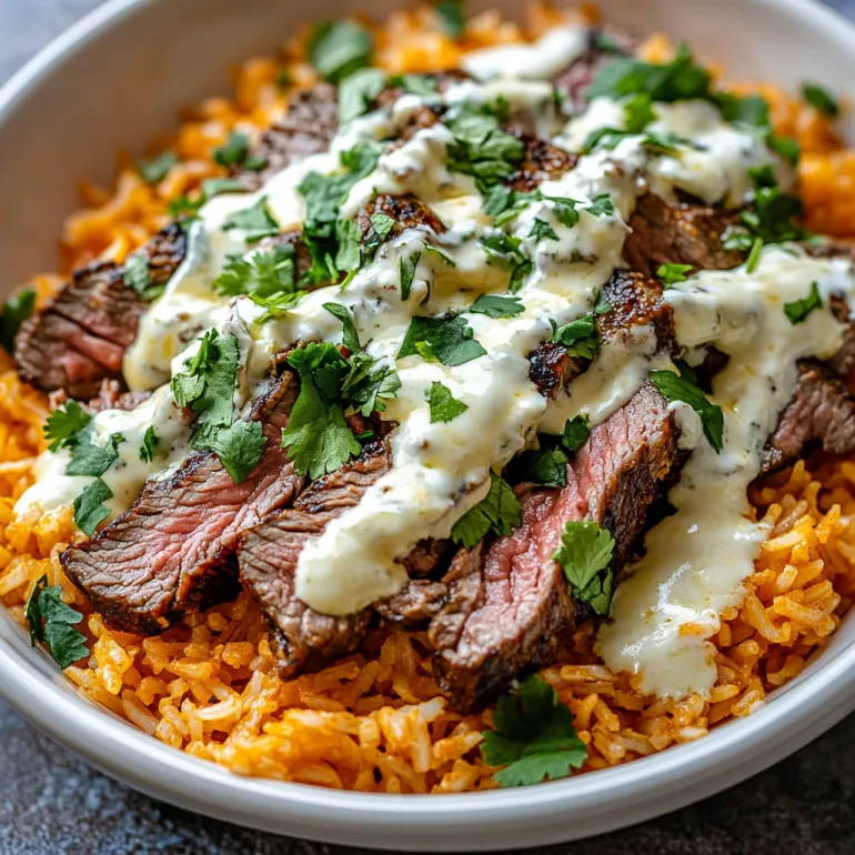 A bowl filled with cheesy steak and rice.