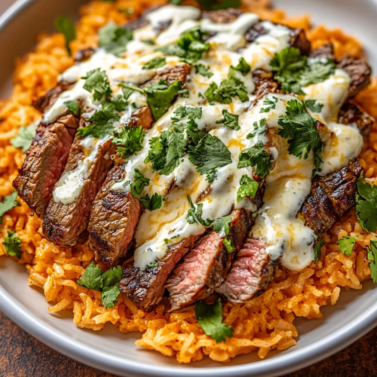 Plate piled high with steak, rice, and melted cheese.