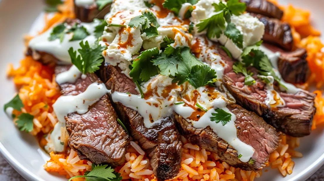 A plate full of steak and rice with melty cheese over the top.