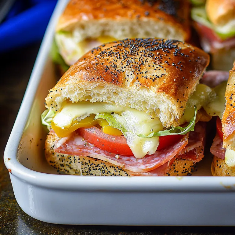 A tray of hot Italian sub sliders.