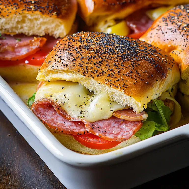 A plate piled with melty Italian sub sliders.