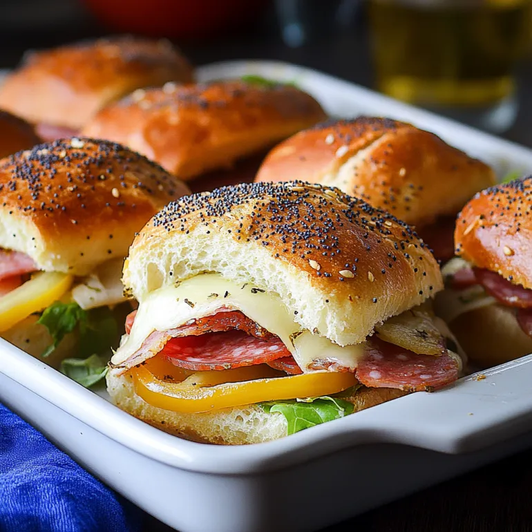 A tray of hot Italian sub sliders.