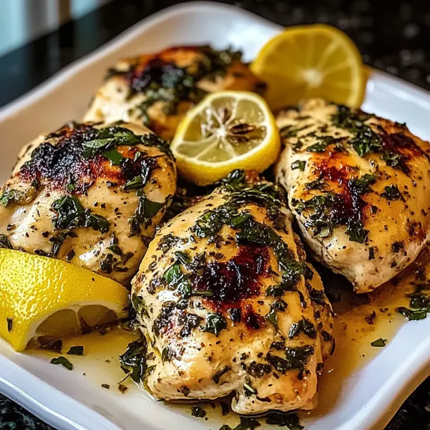 Chicken piled high with lemon slices and fresh herbs.