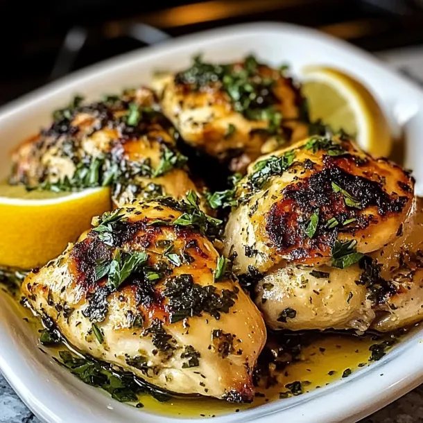 A plate of chicken with lemon and herbs.