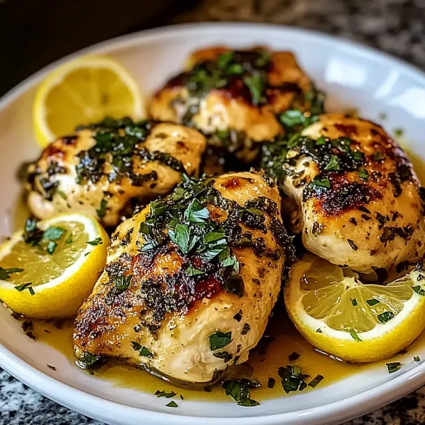 A plate of chicken with lemon wedges on top.