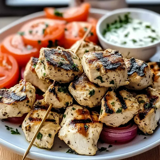 A plate stacked with grilled skewers, tomatoes, and herbs.