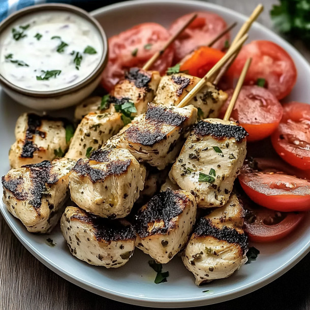 Chicken skewers with tomatoes and a creamy dip on a plate.