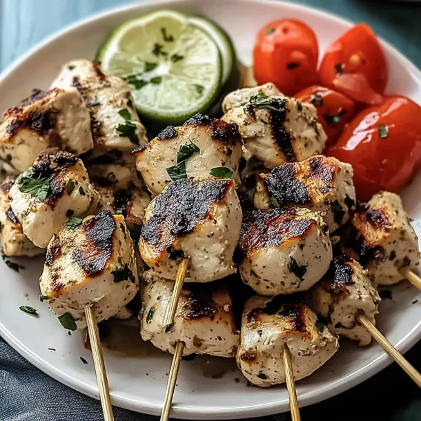 Plate loaded with juicy grilled chicken, tomatoes, and lime wedges.
