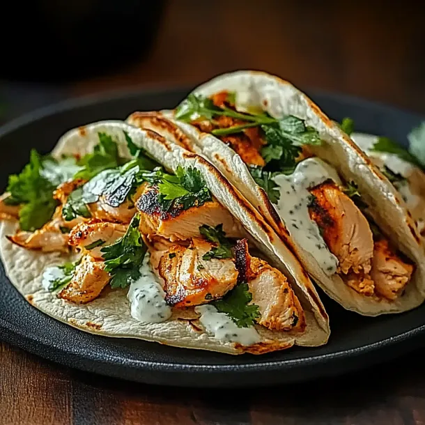 Two grilled chicken tacos loaded with sauce sitting on a plate.
