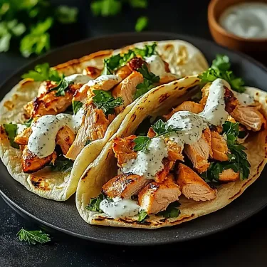 A plate filled with chicken tacos and a white dipping sauce.