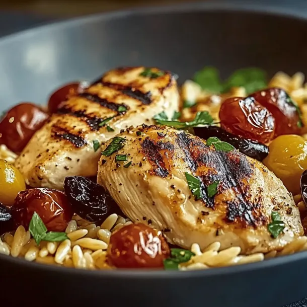 Bowl filled with chicken, orzo, colorful veggies, and tomatoes.
