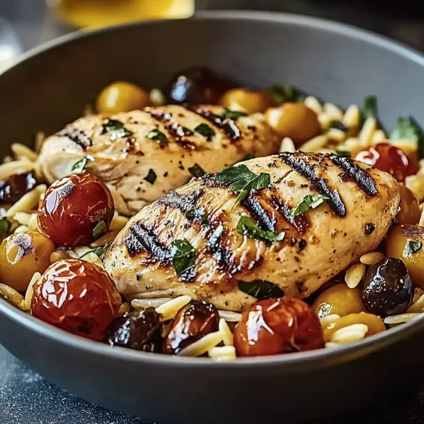 Chicken, olives, and tomatoes in a bowl.