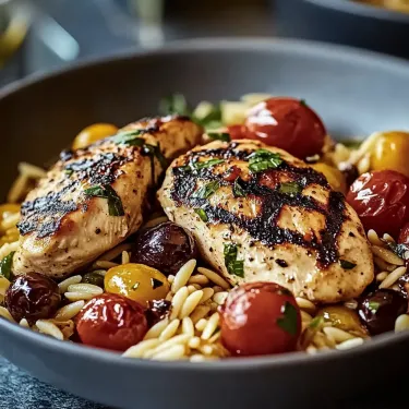 Plate with juicy chicken, tomatoes, orzo, and leafy greens.