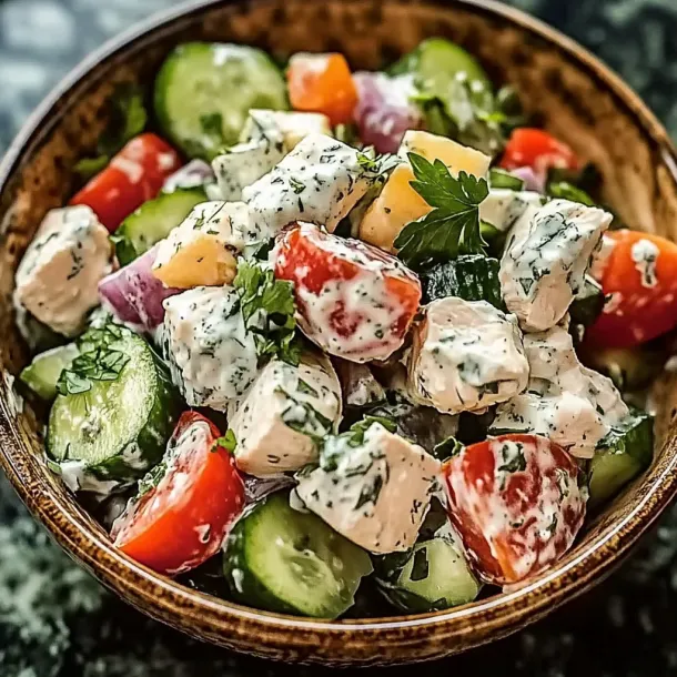 A big bowl showing veggies topped with a bright blue dressing.
