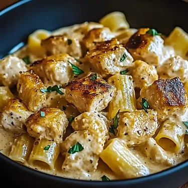 A big bowl filled with noodles, chicken chunks, and veggies.