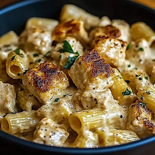 A cozy bowl filled with pasta, juicy meat, and melty cheese on top.