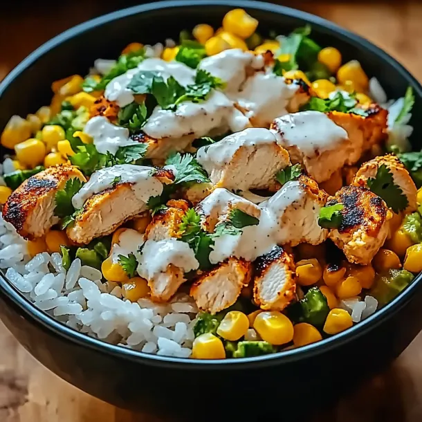 A bowl of rice and chicken with sauce.