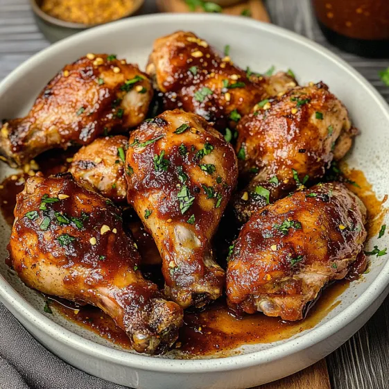 A bowl of chicken wings coated with sauce.