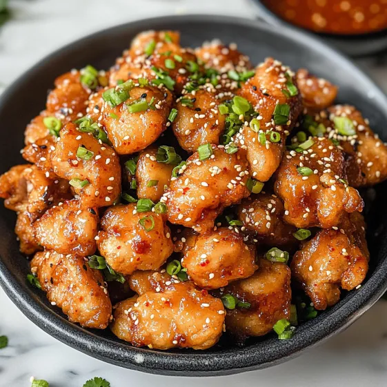 A bowl packed with chicken and green onions.