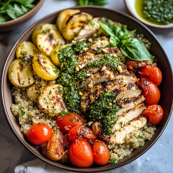A bowl filled with chicken, tomatoes, spinach, and other goodies.
