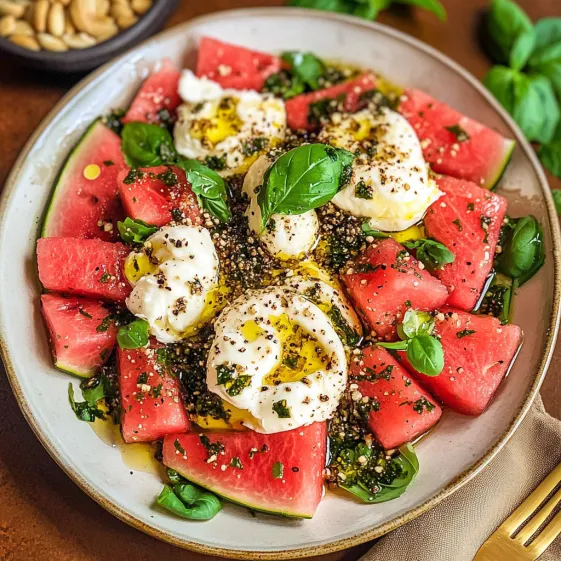 Plate piled with watermelon, cheese, and fresh basil.