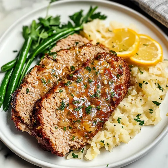 Plate with turkey loaf and veggies piled up together.