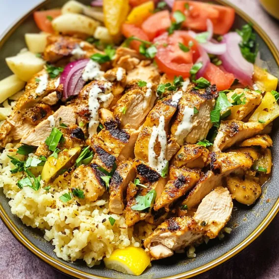 A dish piled high with chicken, fluffy rice, and fresh vegetables.