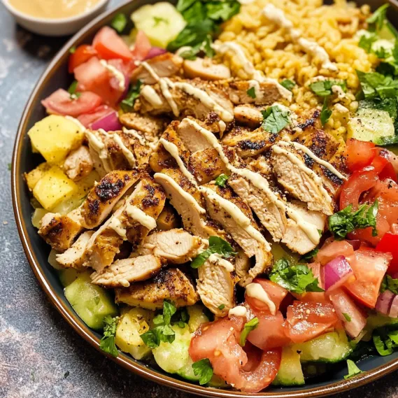 A plate loaded with chicken, rice, and juicy tomatoes.