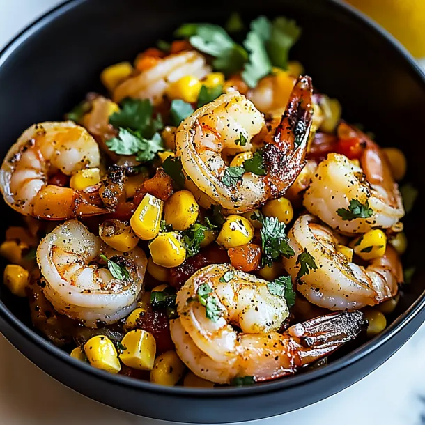 A bowl loaded with shrimp and sweet corn.