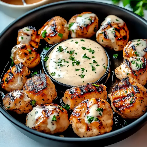 Bowl of meatballs and creamy dip.