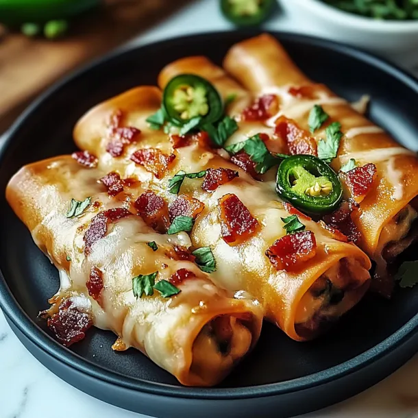 Plate of cheesy jalapeño eggrolls with fresh jalapeños.