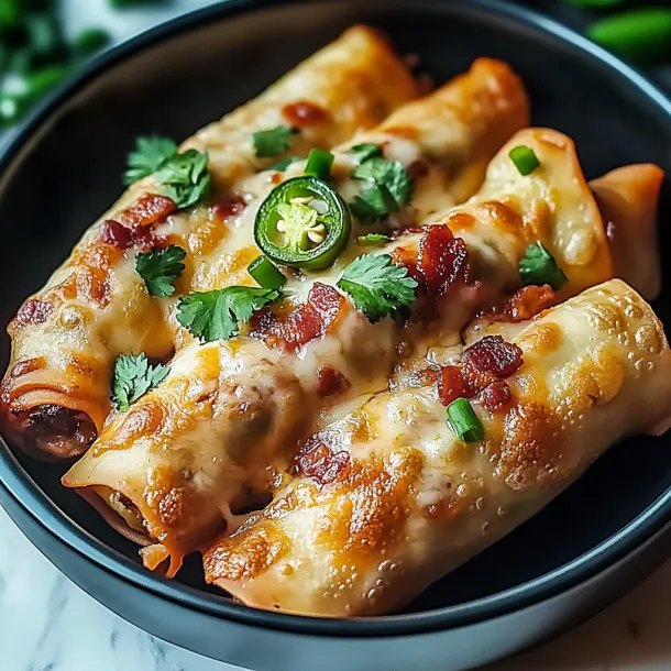 A pile of eggrolls stuffed with melted cheese and plenty of jalapeños on a plate.