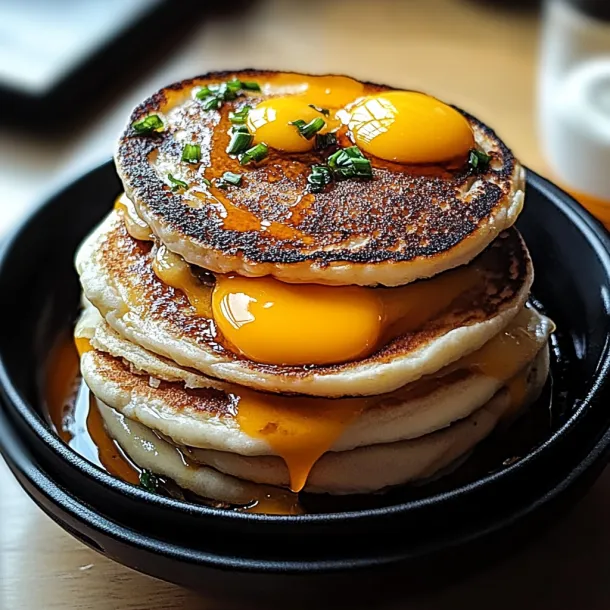 Pancake tower with melted cheese on top.
