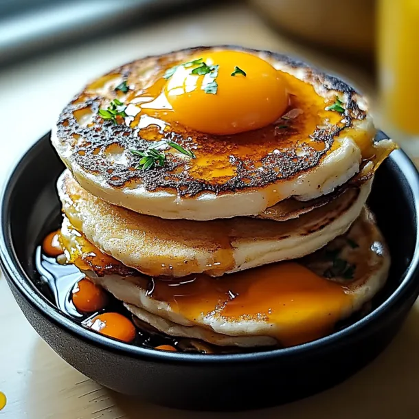Tower of pancakes drizzled with syrup.