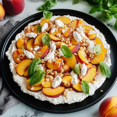 Plate full of peaches and fresh mint leaves.