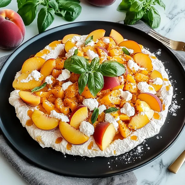 White plate piled high with peaches and fluffy whipped cream.