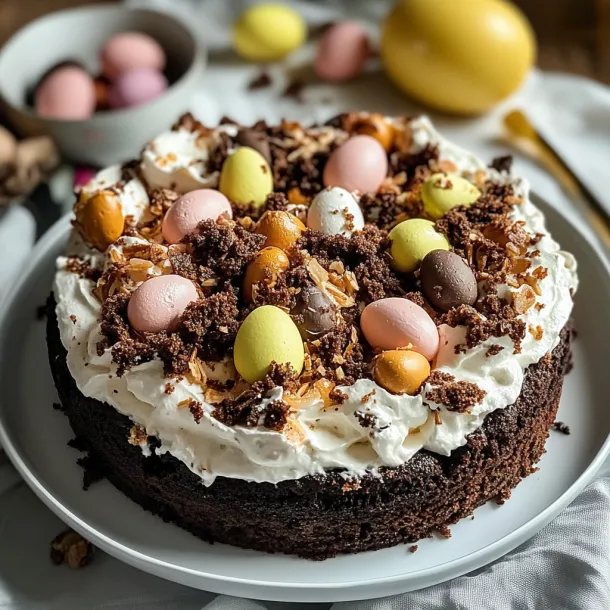 A chocolate dessert with colorful candies and icing, looking perfect for spring.