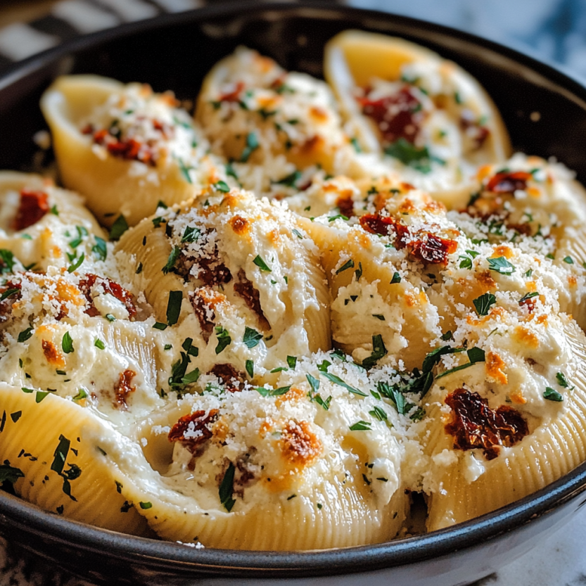 A plate stacked with sun-dried tomato and ricotta stuffed pasta shells covered in bubbly cheese.