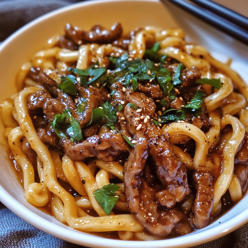 A plate with beefy black pepper udon noodles.